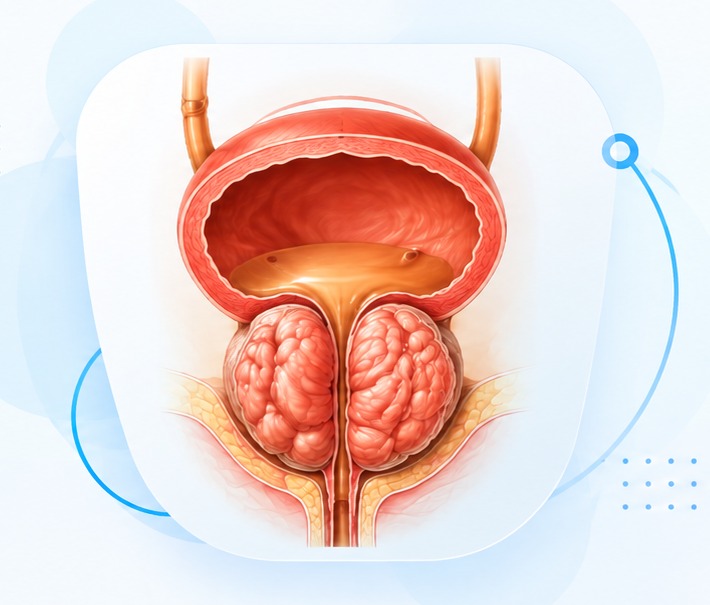 Medical illustration showing enlarged prostate and bladder