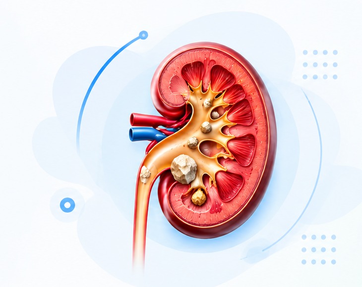 Medical illustration of a kidney cross-section with kidney stones