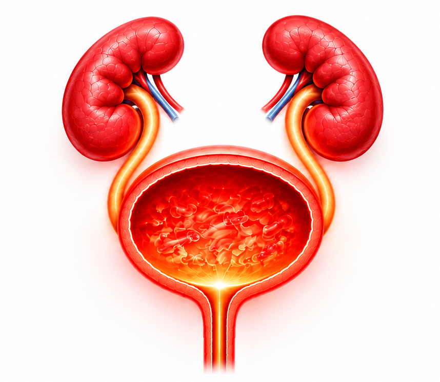 Medical illustration of kidneys, ureters and bladder