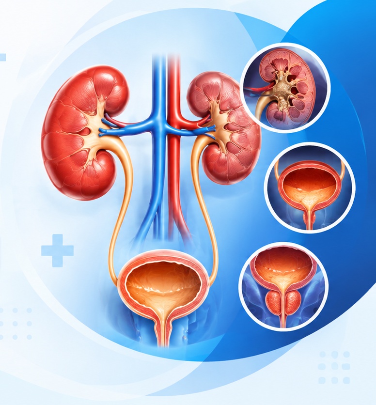 Medical illustration of kidneys, urinary tract and bladder